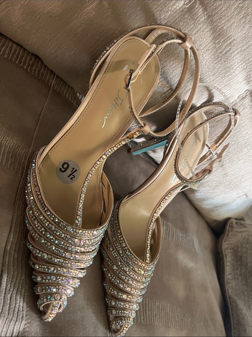 Betsey Johnson Beige Crystal T-Strap Pointed Heels - Picture 5 of 5